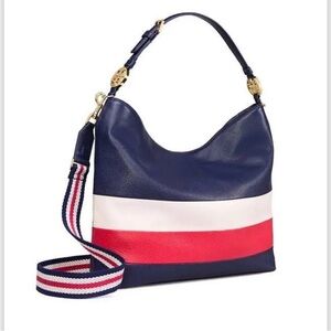 Tory Burch Duet Stripped Hobo Royal Navy Cherry Ivory Bag